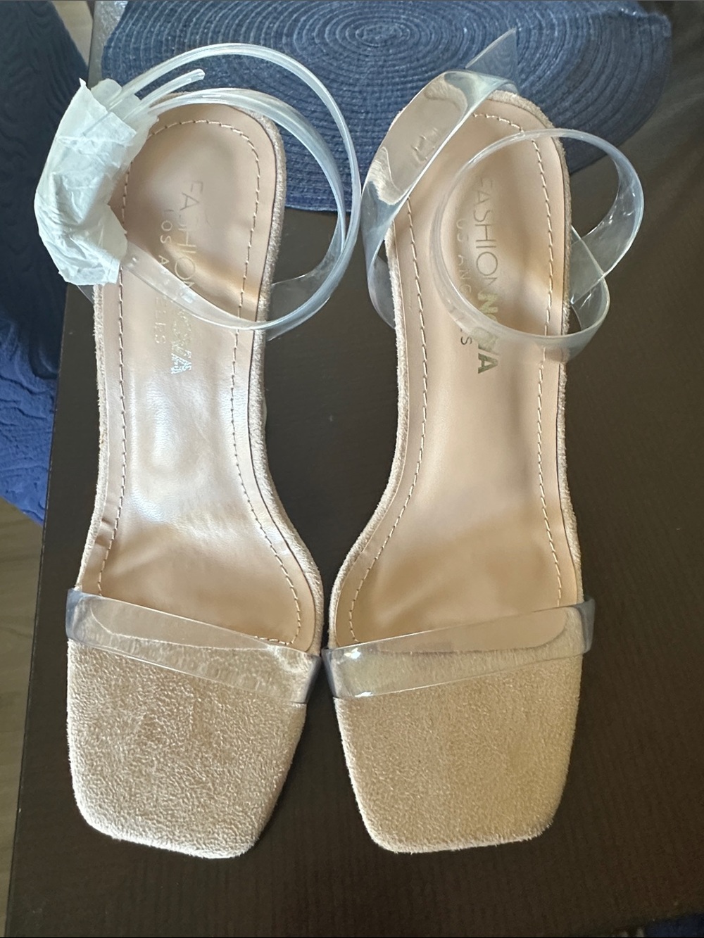 Fashion Nova Clear Strap Nude Square Toe Heels